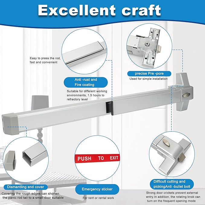 27.5" Push Bar Panic Exit Device for Commercial Doors - Hardware Lock for Wood and Metal Doors