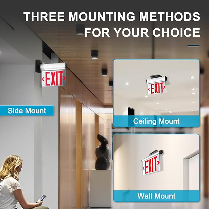 Red Led Edge-Lit Exit Sign, Aluminum Housing Double-Sided Mirrored Rotating Acrylic Plate, UL Damp Location Listed, Hardwired Emergency Exit Signs For Business, Top/Side/Wall Mount(Canopy Included)