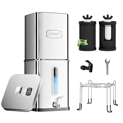 Purewell Square Series 3-Stage Gravity Fed Water Filter System with Water Level Window, Stainless Steel Countertop System with Smart Timer, 2 Upgraded Filters and Stand, Reduce 99% Chlorine, SQ-2.25G