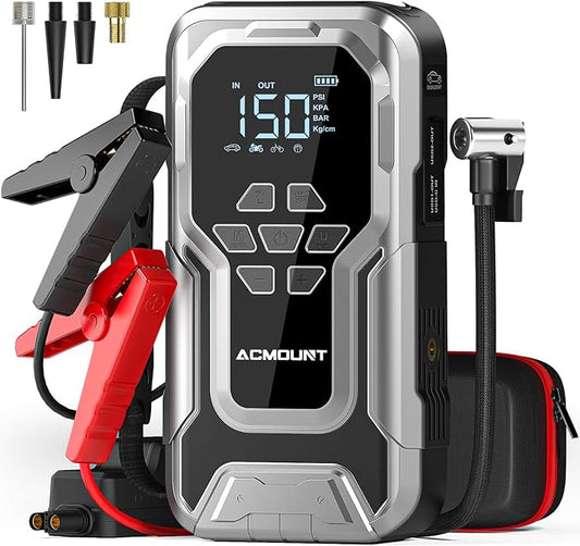 Acmount Jump Starter with Air Compressor, 6000A Car Battery Jumper Starter Portable(All Gas/10.0L Diesel), 150PSI Tire Inflator Air Pump, 12V Jump Pack with LCD Display, USB Quick Charge & LED Light