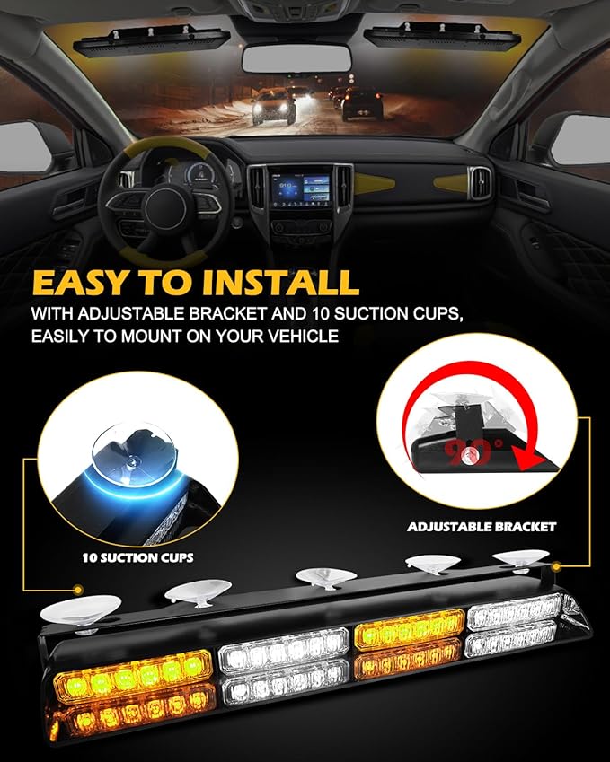 HLauto 604N Emergency Dash Strobe Lights: 2x16.8 inch Amber White Security Light w/Take Down, 48 LED Safety Flashing Warning Hazard Interior Windshield Light Bar for Truck Vehicle