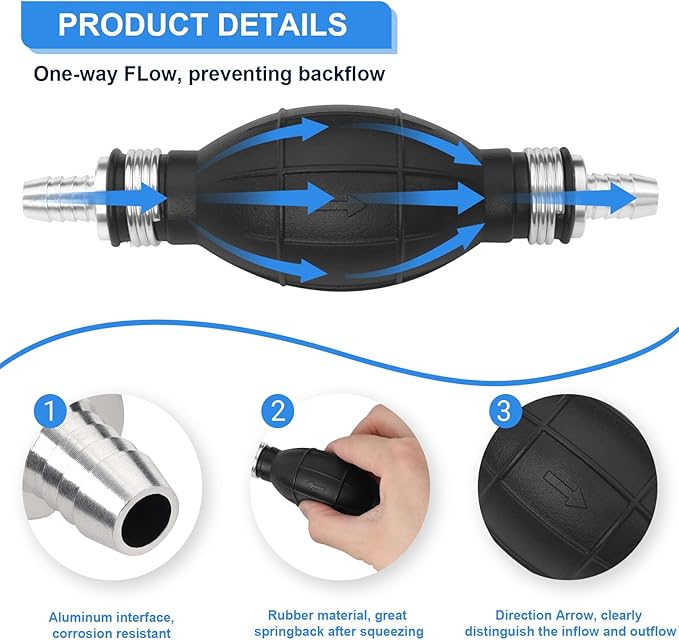 3/8" Boat Primer Bulb Marine for Outboard Motor Universal Fuel Line Hand Primer Bulb Manual Black Rubber Fuel Transfer Vacuum Pump for Gas, Gasoline,Diesel, Water