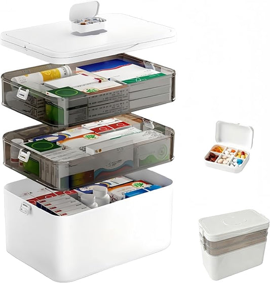 3-Tier Medicine Organizer with Detachable Pill Box, First Aid Kit with Handle, Portable Multipurpose Plastic Medical Box for Home, Travel, and Family Emergencies（White）