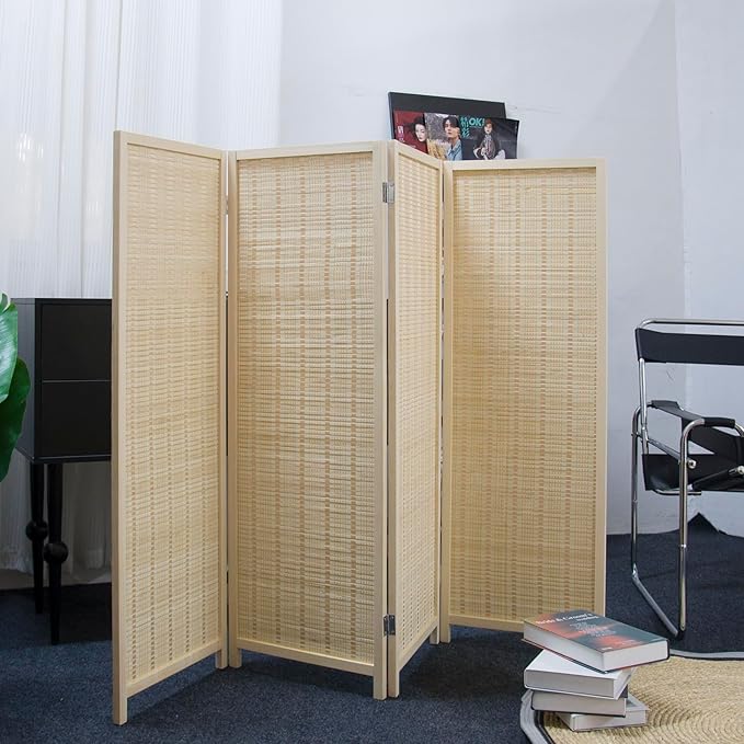 4 Panel Room Divider Short Folding Screen Divider,Double Sided Bamboo Divider Screen for Room Separation,Beige,47.2" H x 61.4" W