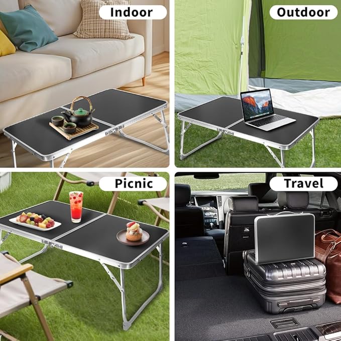 KISKIS 2 Fold Ultra Lightweight Folding Camping Tables 2Ft Portable Small Aluminum Outdoor Desk with Carry Handle, 62X42cm(24X17inch) for Picnic Travel,Black