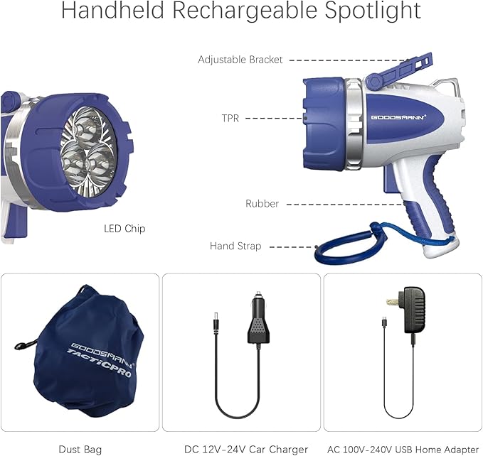 GOODSMANN Rechargeable Handheld Spotlight LED Boat Waterproof Spot Light Searchlight up to 3000 Lumen Portable Marine Flashlight with USB Adapter Car Charger Dust Bag for Hunting Camping Exploring