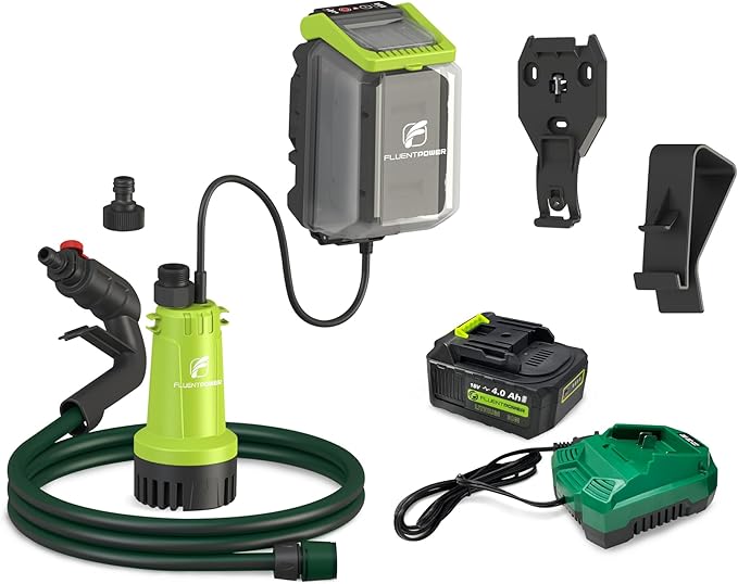 FLUENTPOWER Cordless Submersible Water Pump Kit, 18V 4Ah Battery Operated 530GPH 66FT 2 Bar Portable Transfer Sump Pump with G3/4" Garden Hose, for Water Tank Pool Pond Boat Rain Barrel