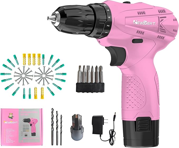 Cordless Drill Set, 12V Power Drill Driver with 2 Battery and Charger, Pink Electric Drill Power Tool for Women