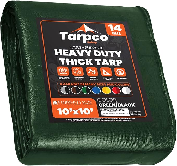 Tarpco Safety Extra Heavy Duty 14 Mil Tarp Cover, Waterproof, UV Resistant, Rip and Tear Proof, Poly Tarpaulin with Reinforced Edges for Roof, Camping, Patio, Pool, Boat (Green/Black 10′ X 10′)