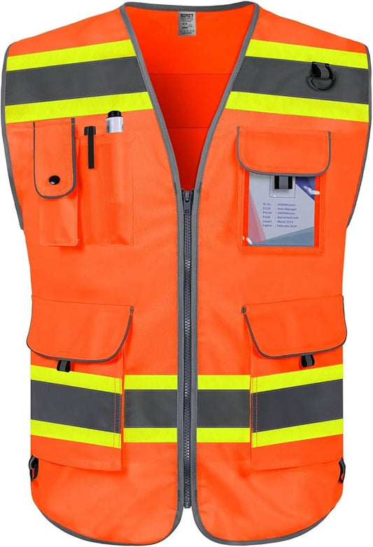 TCCFCCT Safety Vest for Men Women 9 Pockets High Visibility Vest with Fluorescent Yellow Extend Edge, Reflective Work Vest for Surveyor, Durable & Breathable, Meets ANSI/ISEA, (DB-Orange, Large)