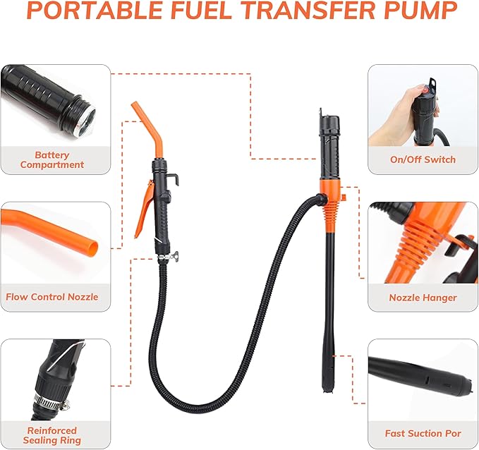 Portable Fuel Transfer Pump, Battery Powered Siphon Pump for Gasoline, Fuel, Gas, Diesel, Water Transfer, 2.4 GPM Flow Oil Extractor with Powerful Suction Ergonomic Nozzle 46.3 Inches Hose