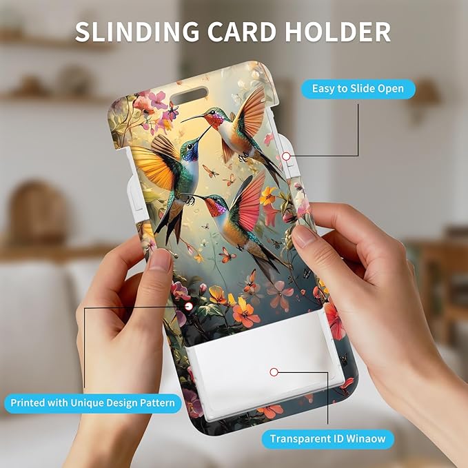 ID Badge Holder with Retractable Lanyard for Women & Men,Vertical ID Card Holder Wallet,Clear Window&Card Slot,Detachable Neck Strap for Nurse Teacher Office,Hummingbirds Among Blossoms