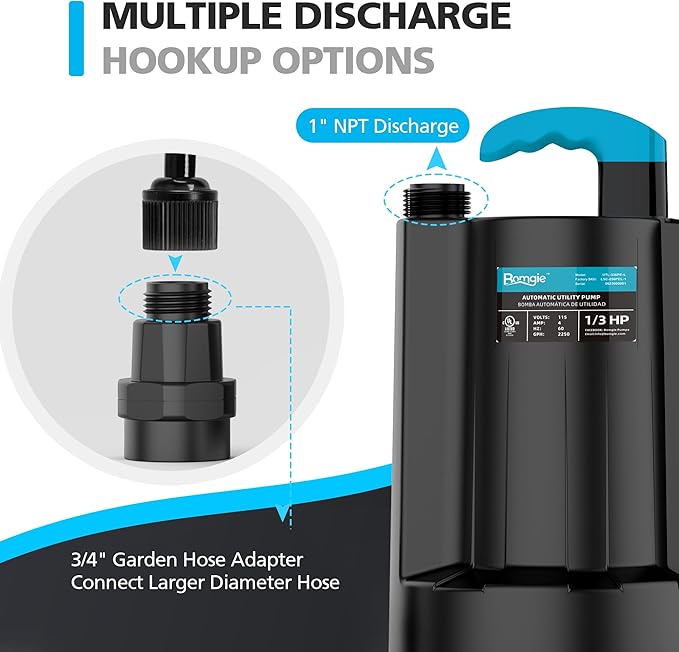 1/3 HP Automatic Water Pump, 2250GPH Submersible Utility Pump with 3/4” Garden Hose Check Valve Adapter Portable Electric Sump Pump Removal for Pool Draining Basement Hot Tubs Garden UTL-336PE