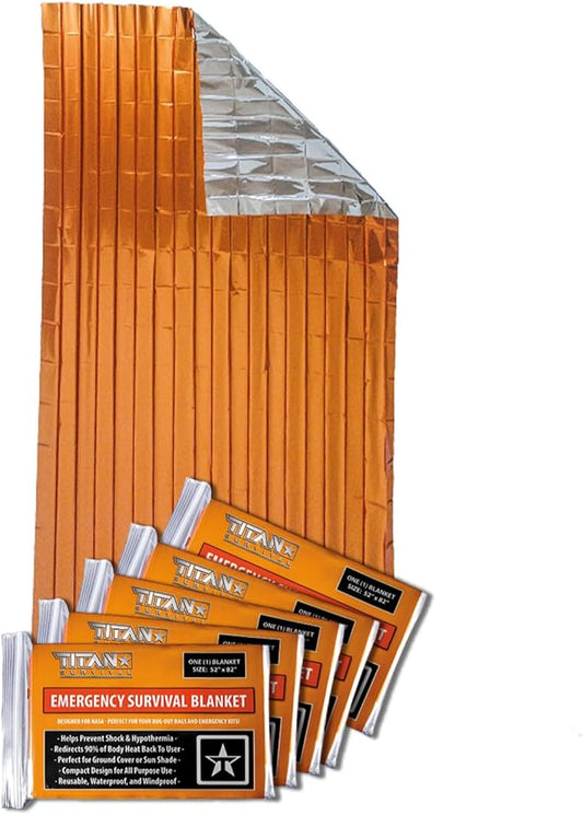 TITAN Survival - Mylar Survival Blankets 5 Pack - 90% Heat Retention & Waterproof Design - Emergency Blanket Cold Weather Protection & Survival Kits - Durable Space Blanket for Outdoor Use
