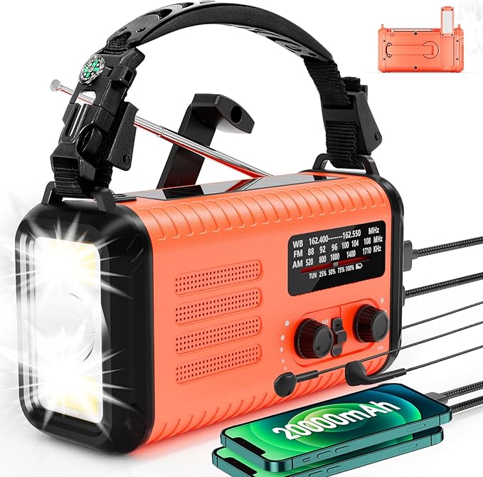 20000mAh Emergency Radio, Hand Crank Radio with NOAA AM FM, Solar Powered & USB Charging, Flashlight, Reading Lamp, Headphone Jack, SOS & Compass, Perfect for Christmas Gifts Outdoor Camping