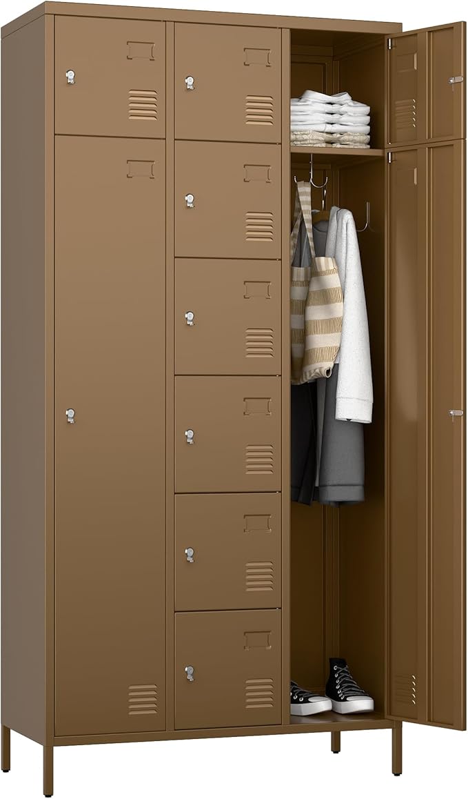 Metal Lockers for Employees with 10 Doors, 72" H Steel Lockable Storage Lockers with 6 Hooks and 10 Card Holder for Office, Home, Gym, School, Employees, Khaki