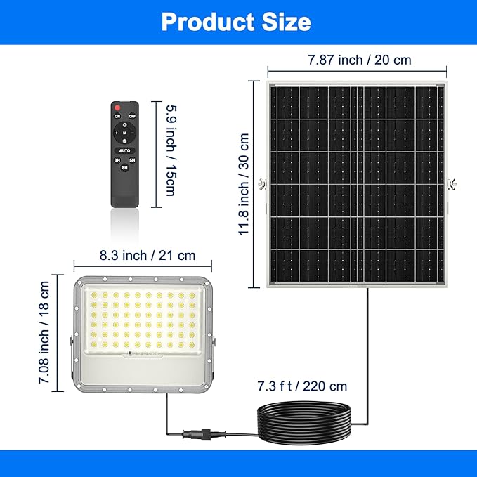 100W Solar Lights Outdoor 10000LM LED Automatic Light with 10000mAh Battery, IP65 Waterproof Outside Solar Powered Security Flood Light and 8.2ft Cable with Remote Control for Pathway, Patio & Yard
