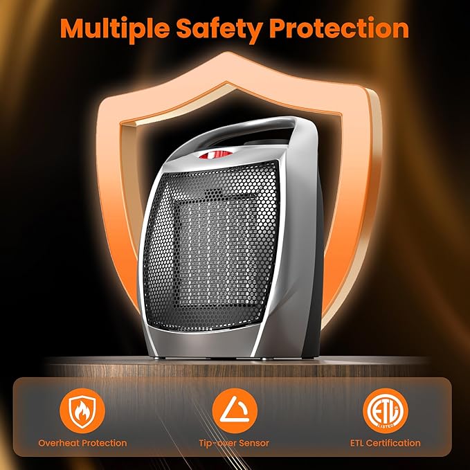 ZAFRO 1500W Portable Ceramic Space Heater for Indoor Use, 3 Modes Thermostat Adjustable, Tip-Over & Overheat Protection, Quiet Personal Heater (<45dB) for Office Desk Bedroom,(Silver)