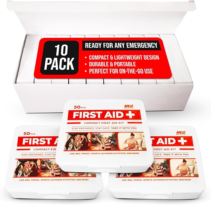 M2 BASICS Bulk 10-Pack Mini Emergency First Aid Kit Bundle (500 Total Pieces, 50 per Kit) for Car, Travel, Home & Donations – Compact Medical Supplies
