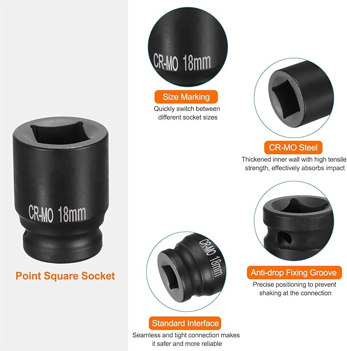 HARFINGTON 4 Point Square Socket 1/2" Drive 18mm Metric Square Impact Socket CR-MO Blackening Standard Wheel Sockets Pneumatic Socket Tool for Auto Repair Mechanical Maintenance Home Use