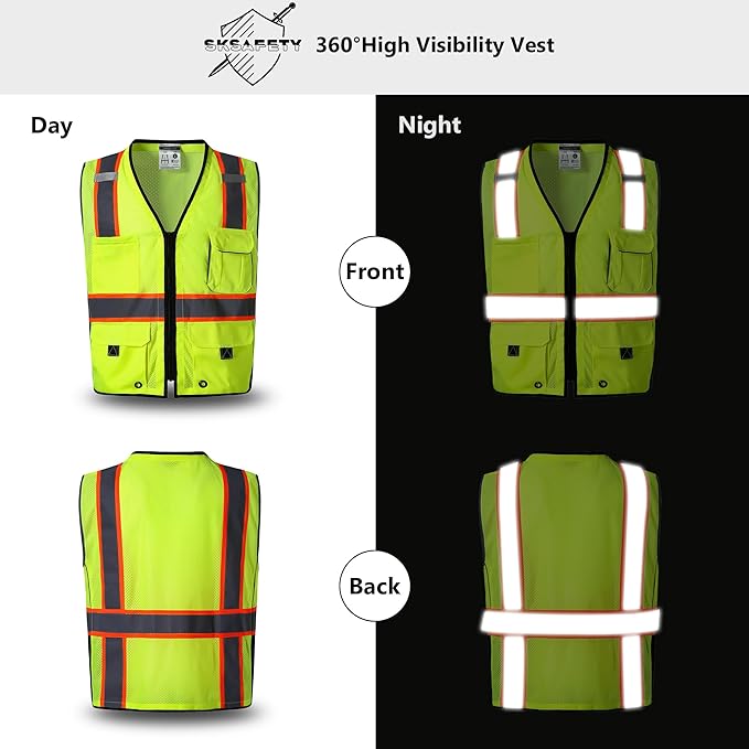 SKSAFETY 10 Pockets Professional Safety Vest - Class 2 High Visibility Vest, Hi Vis with Reflective Strips - ANSI/ISEA Standard, Construction Work Vest (Lime, 2XL)