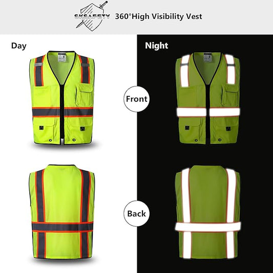SKSAFETY 10 Pockets Professional Safety Vest - Class 2 High Visibility Vest, Hi Vis with Reflective Strips - ANSI/ISEA Standard, Construction Work Vest (Lime, 2XL)