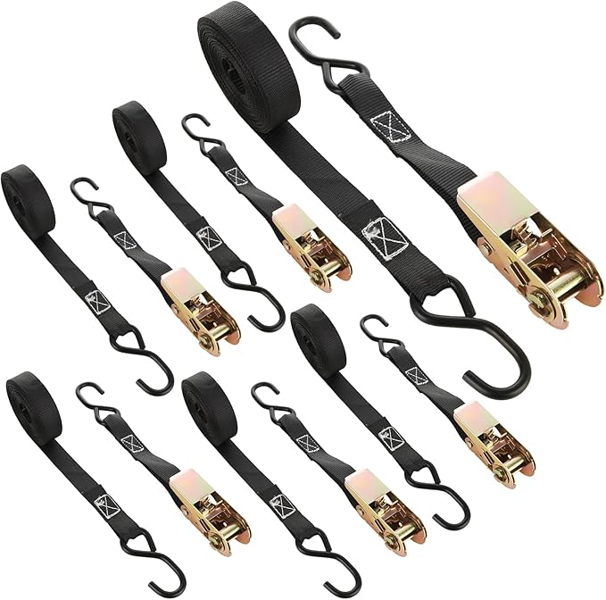6 Pcs 1 Inch Ratchet Straps Heavy Duty 20ft Tie Down Strap Ratchet with Hooks, 2200 LBS Break Strength, Black Cargo Ratchet Straps for Motorcycle Straps Tie Downs, Appliances, Equipment