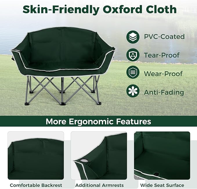 Tangkula 2 Person Camping Chair, Portable Oversized Outdoor Folding Camp Chair Loveseat with Padded Seat, Cup Holder, Carry Bag, Heavy Duty Lawn Chair for Beach, Fishing, Travel (2-Person,Green)