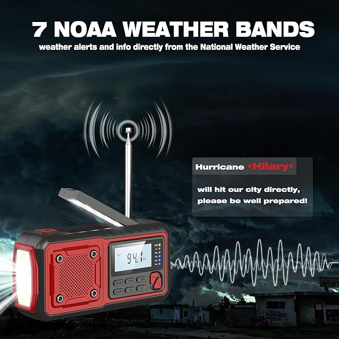 Crank Emergency Radio 5000mAh, Weather Radio, Solar Radios Battery Operated, NOAA/AM/FM Weather Alert Radios with Power Phone Charger, SOS Alarm, Flashlight & Reading Lamp Indoor Outdoor (red)