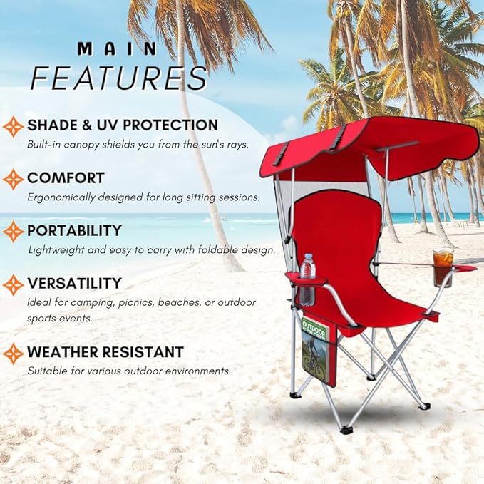 Portable Folding Camping Chairs with Canopy Shade, Beach Chair for Adults, Durable Weather Resistant 600D Oxford Cloth, Camping Chair with Canopy for Outdoors [Red-2 Pack]