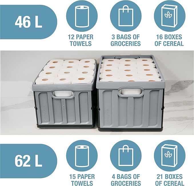 CleverMade Collapsible Storage Bins with Lids- Obsidian 3 Pack 62L - Plastic Containers Stackable Organization Crates Home Closet Space-Saving Durable