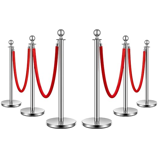 VIVOHOME Stainless Steel Stanchion Post Queue 6PCS Pole w/ 4 Red Velvet Ropes, Crowd Control Barriers w/Fillable Base for High-end Venues, Museums, Party Supplies (6 Pieces, Silver)