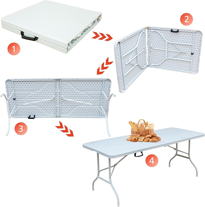 Portable 6Ft Plastic Folding Table, Heavy Duty 6ft Fold-in-Half Table with Carrying Handle, 6' Folding Utility Foldable Table for Picnic Party Camping Kitchen, Indoor/Outdoor (White)