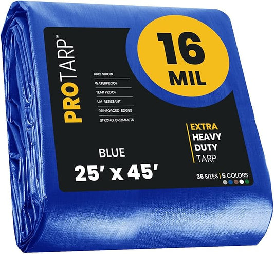 PROTARP Extra Heavy Duty 16 Mil Tarp Cover, Waterproof, UV Resistant, Rip and Tear Proof, Poly Tarpaulin with Reinforced Edges for Roof, Camping, Patio, Pool, Boat. (Blue 25′ X 45′)