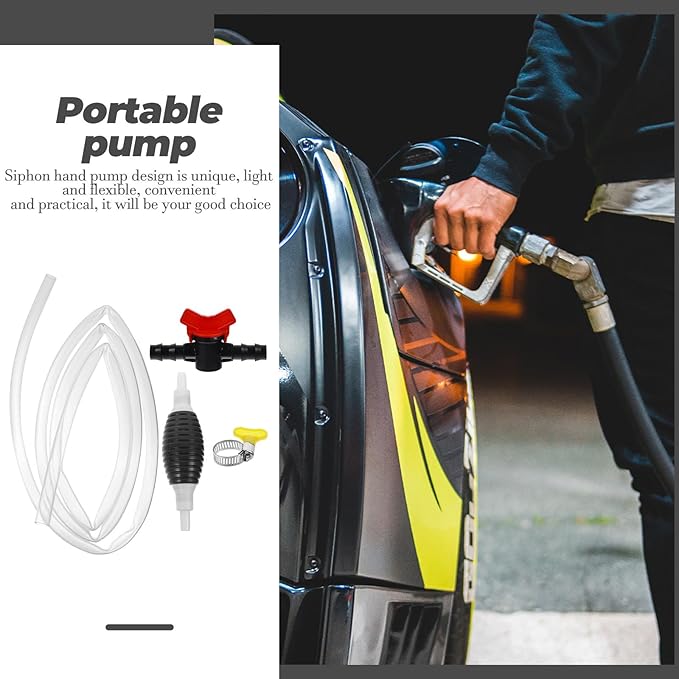 Manual Fuel Transfer Siphon Pump with Transparent PVC Hose and Clips High Flow Hand Pump for Gasoline Oil Water Transfer Portable Car Accessories for Emergency Liquid Siphoning