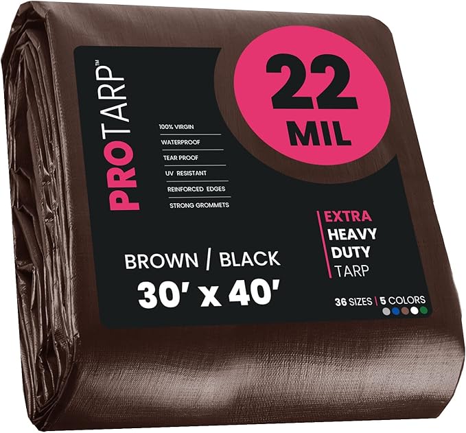PROTARP Extreme Heavy Duty 22 Mil Tarp Cover, Waterproof, UV Resistant, Rip and Tear Proof, Poly Tarpaulin with Reinforced Edges for Roof, Camping, Patio, Pool, Boat. (Brown/Black 30′ X 40′)