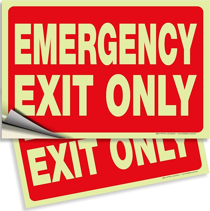 iSYFIX Emergency Exit Only Glow in the Dark Sign Stickers – 2 Pack 10x7 Inch – Photoluminescent Vinyl, Laminated for UV, Weather & Fade Resistance, for Business, School, Office, Warehouse