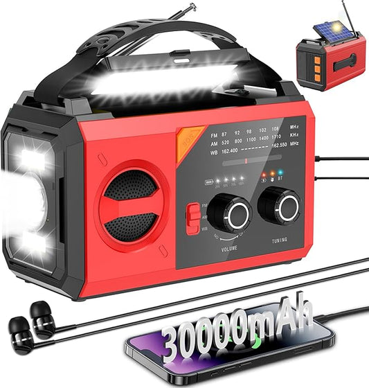 30000mAh Emergency Weather Radio with Wireless Speaker, 111000mWh NOAA/AM/FM Hand Crank Solar Radio with Flashlight Cell, Phone Charger, Compass, Reading Lamp, SOS Alarm