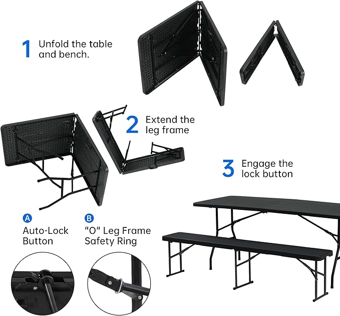 Folding Picnic Table Set with 2 Benches, 6 ft Camping Table Chair Set, 3-Piece Folding Furniture for Indoor or Outdoor Use, W/Handle and Safety Locks,Smooth Tabletop, Black