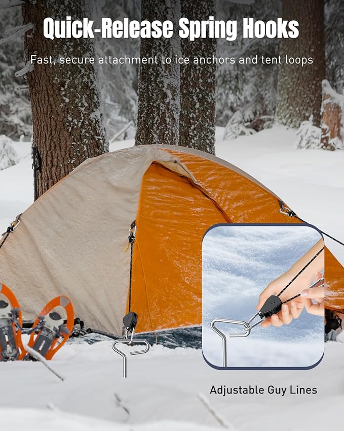 Pawfly 10 Pcs Ice Anchor Tool Kit with Ice Screw Anchors, Tent Guylines, Ice Anchor Drill Adapter & Ice Anchor Drill Attachment, Outdoor Tent Fixing Kit for Winter Camping & Ice Fishing Shelter