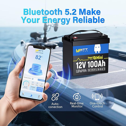 Wattcycle 12V 100Ah LiFePO4 Lithium Battery with Bluetooth,12V Mini 100A Smart BMS, BCI Group 24, Support Monitoring Battery via Phone Bluetooth 15000 deep Cycles
