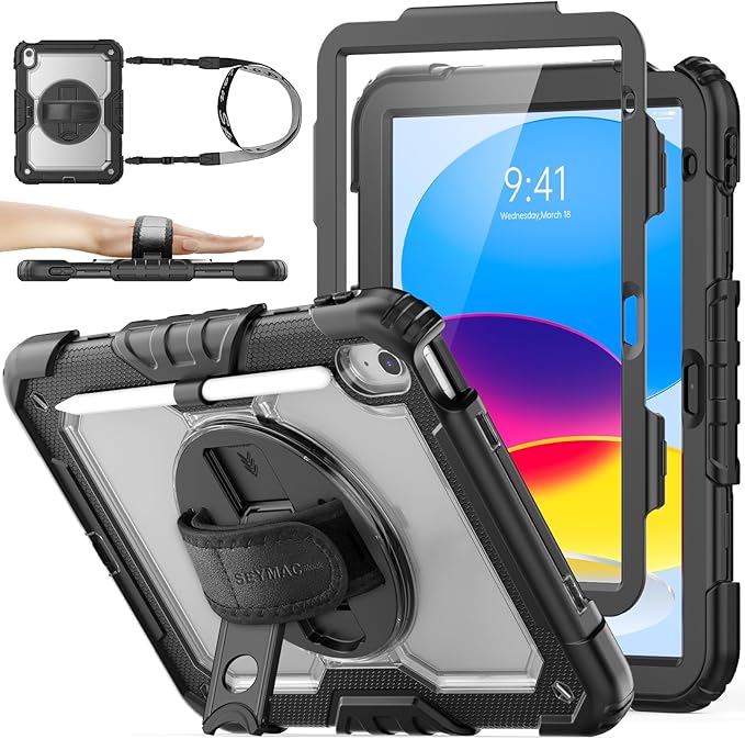 SEYMAC stock Case for iPad (A16) 11th/10th Generation 11''/10.9'' 2025/2022, Full-Body Drop Protection Case with Screen Protector &360° Rotate Hand Strap/Stand, Transparent+Black