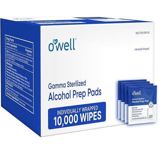 OWELL Prep Pads - 10,000 Individually Wrapped Sterile Alcohol Wipes, Medium 2-Ply Antiseptic Wipes for Disinfecting Skin, First Aid Kit Alcohol Swabs (100 boxes of 100ct)