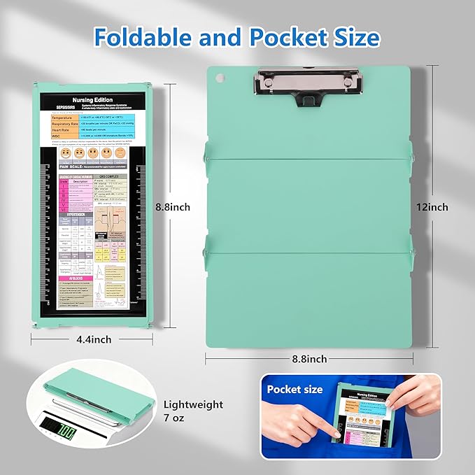 Nursing Foldable Medical Clipboard, Edition Cheat Sheets Lithium 3 Layers Foldable Clipboards Nursing Pocket Size Profile Clip Nurse Clipboards Notepad for Nurses Students and Doctors, Green
