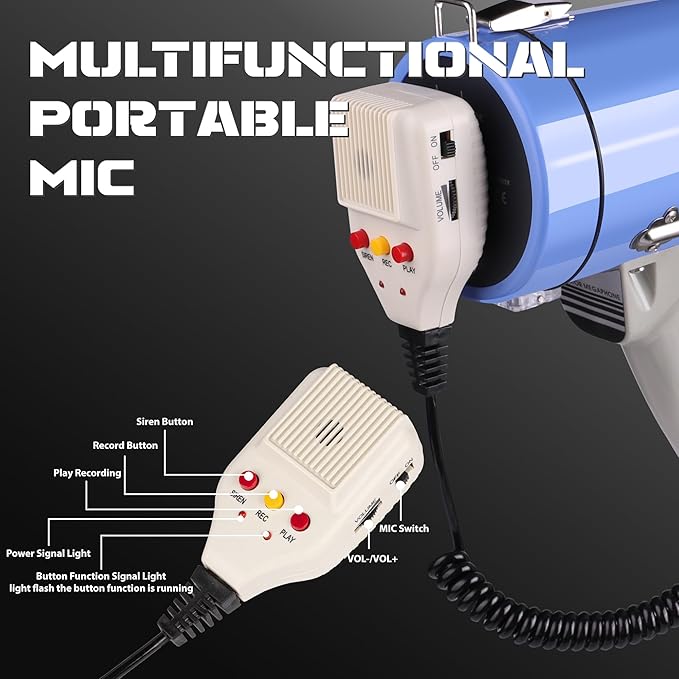 MyMealivos 50W Bluetooth Megaphone with Rechargeable Battery-Professional Bullhorn with Siren&240s Recording Supports USB/SD/3.5mm Aux-1600ft Range for Sports Police Emergency Outdoor Activities