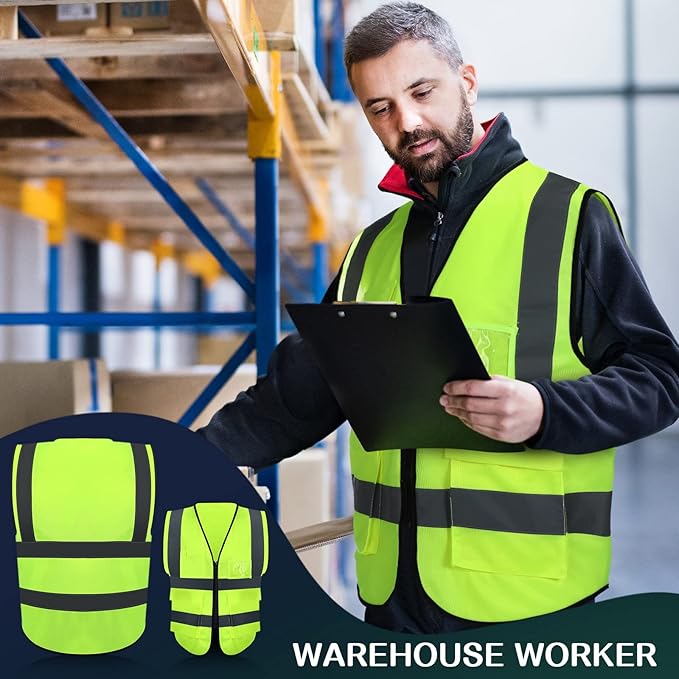 JaGely 15 Pack Reflective Safety Vests with Pockets and Zipper Construction Work High Visibility Vest for Men Women(Large,Fluorescent Green)