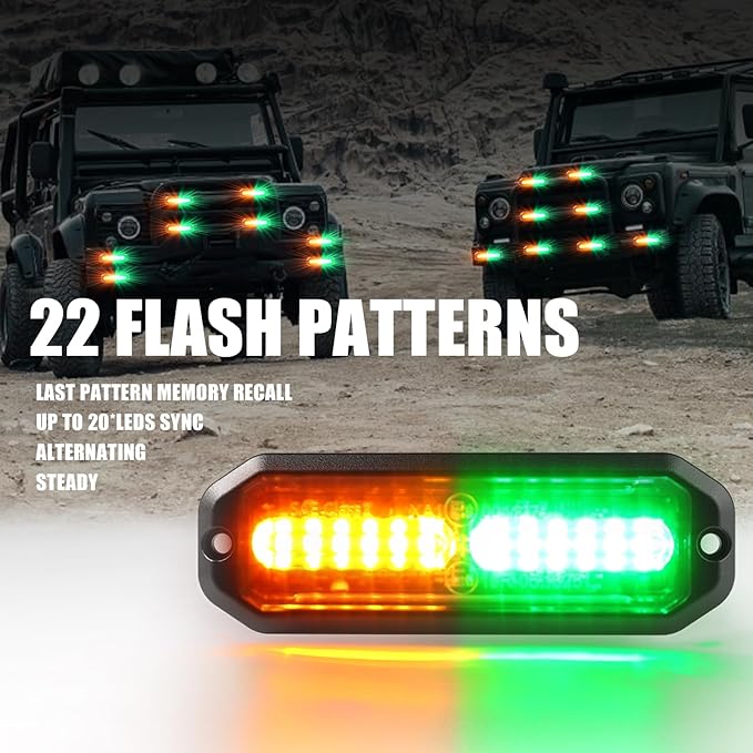 WINECO Green/Amber led strobe lights for trucks 8pcs 12-LED Surface Mount Flashing Strobe Lights kit for Trucks Car Vehicles LED Mini Grille Grill Strobe Light Head Emergency Hazard Warning lights