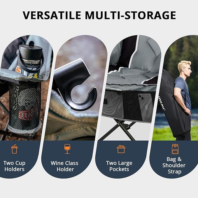 Oversized Folding Camping Chair for Adults Heavy Duty Padded Outdoor Chairs Big and Tall XL Picnic Chair with Cup Holders 400lb Capacity, Comfy for Lawn Sports and Outside Use