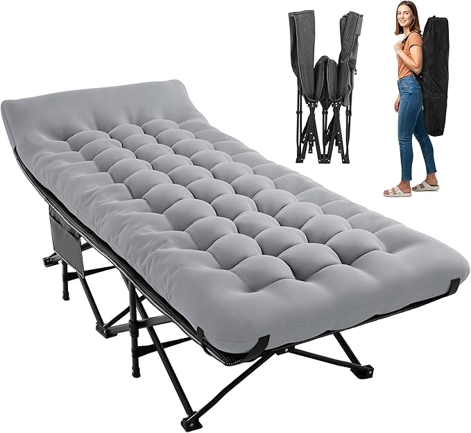 JEAREY Folding Camping Cot for Sleeping, Camping Cots for Adults with Mattress, 1200D Double Layer Oxford Portable Foldable Cot Bed with Carry Bag for for Guest, Travel, Hiking, Light Gray