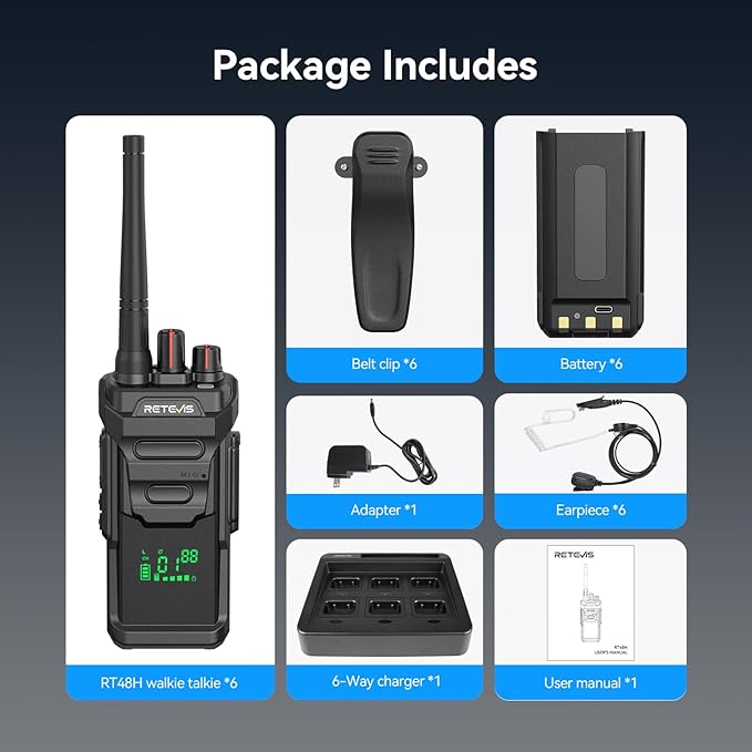 Retevis RT48H Heavy Duty Walkie Talkies Long Range, Hidden Display, IP67 Waterproof, Fast Charing, Portable FRS 2 Way Radio with 6-Way Charger, Commercial Radio for Security Industry (6 Pack)